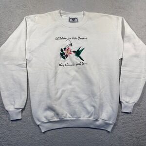 Lee Vintage Embroidered Crewneck Sweatshirt Floral Hummingbird White L USA Made‎